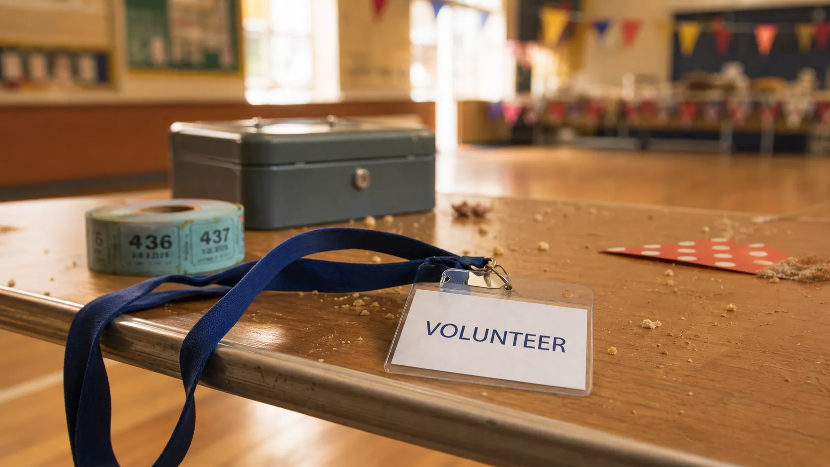 A volunteer lanyard on a school hall table alongside a raffle ticket roll and cash tin, with fair bunting strung up in the background.